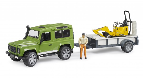 Land Rover Defender Station Wagon mit Einachsanhänger, JCB Mikrobagger 8010 CTS und Bauarbeiter